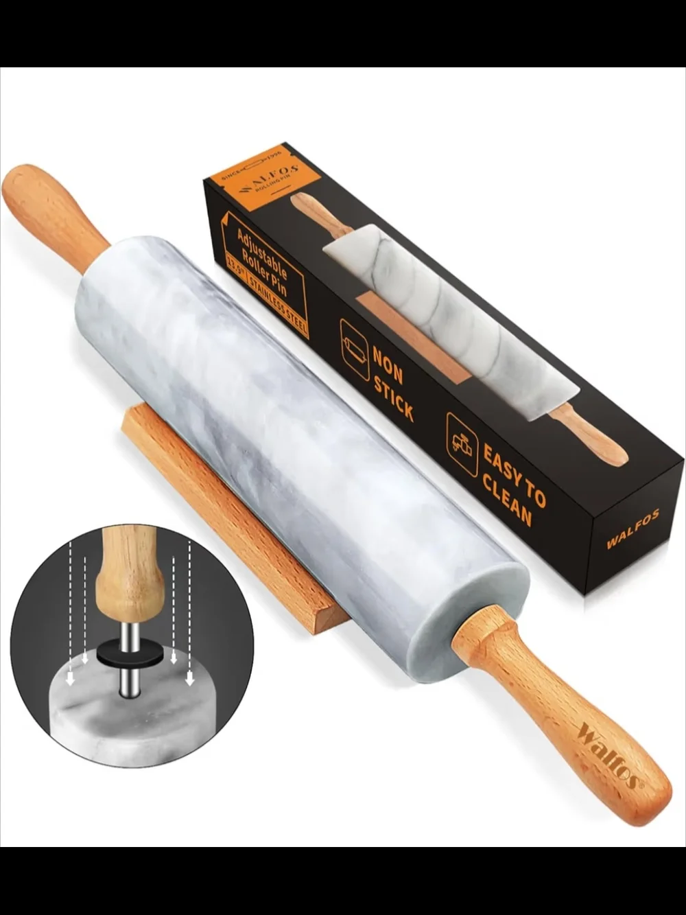 White Marble Rolling Pin with Wooden Handles - Smooth Durable Design